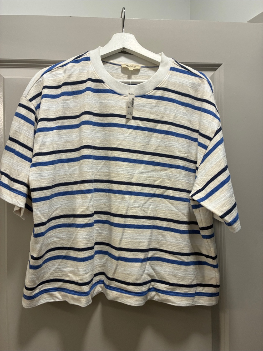 Madewell Women's White and Cream Cropped Tee with Blue & Navy Stripes